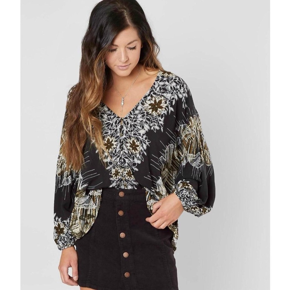 Free People Boho Earthy Cottagecore Floral Birds Of A Feather Floral Blouse Sz M